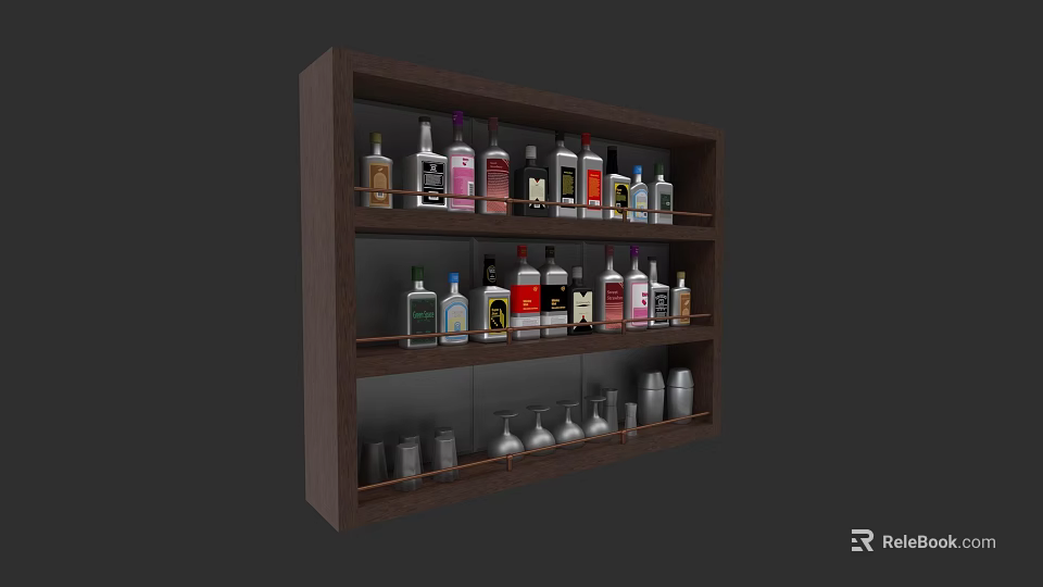Modern Wooden Liquor Cabinet with Multiple Shelves Holding Various Bottles and Glasses 3d model 