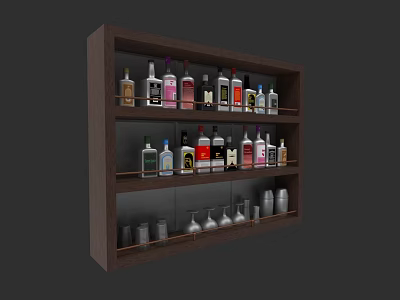 Modern Wooden Liquor Cabinet with Multiple Shelves Holding Various Bottles and Glasses 3d model