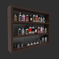Modern Wooden Liquor Cabinet with Multiple Shelves Holding Various Bottles and Glasses
