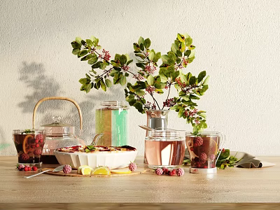 Fresh Drinks with Berries Lemon Slices and Dessert on Wooden Table with Green Plant 3d model