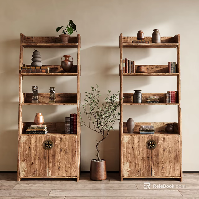 Pair of Vintage Wooden Shelves with Multiple Layers Decorative Vases Books and Green Plants 3d model 