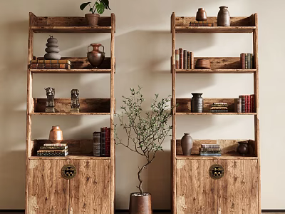 Pair of Vintage Wooden Shelves with Multiple Layers Decorative Vases Books and Green Plants 3d model