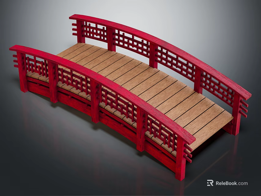 Traditional Red Wooden Arch Bridge With Lattice Railings And Deck Design 3d model 