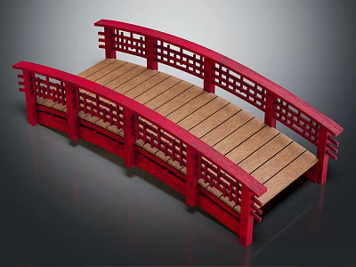 Traditional Red Wooden Arch Bridge With Lattice Railings And Deck Design 3d model