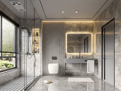 Modern Bathroom Interior Design With Glass Shower Enclosure Backlit Mirror And Gray Stone Walls 3d model