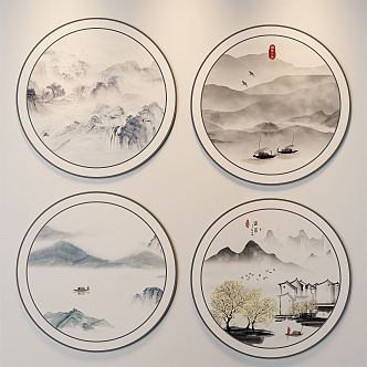 New Chinese Style Round Frame Painting Hanging Painting 3d model