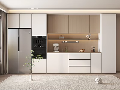 Modern Open Kitchen Interior Design With Stylish Wine Cabinet And Display Shelves 3d model