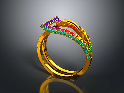 Elegant Gold Ring With Colorful Gemstones In Curved Unique Design 3d model