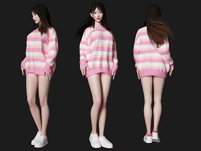 Woman In Pink And White Striped Oversized Sweater With White Shoes From Multiple Angles 3d model