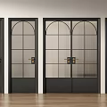 Black Casement Doors With Arched Glass Grid Design And Gold Handles In Modern Interior
