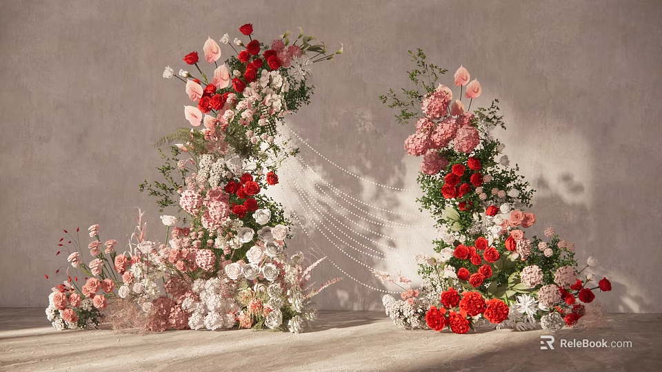 Event Entrance Floral Arch With Red Pink White Flowers And Greenery 3d model 