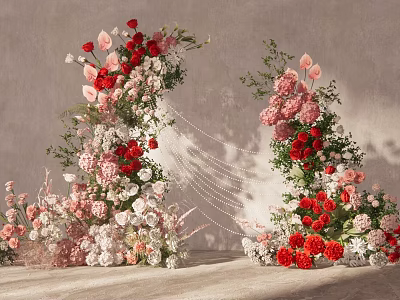 Event Entrance Floral Arch With Red Pink White Flowers And Greenery 3d model