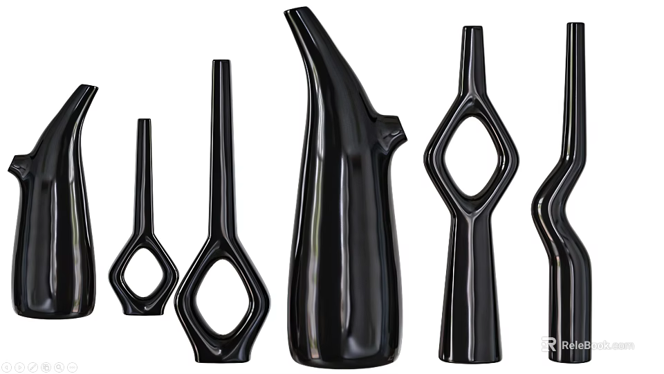 Black Ceramic Vessels with Various Shapes Including Hole Design and Slender Forms 3d model 
