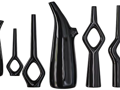 Black Ceramic Vessels with Various Shapes Including Hole Design and Slender Forms 3d model