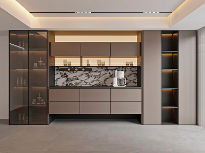 Modern Wine Cabinet with Glass Doors Marble Backsplash and Built in Lighting and Storage Shelves 3d model