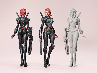 Game Movie Character 3D Models With Red Hair Black Combat Suits And Guns 3d model