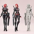 Game Movie Character 3D Models With Red Hair Black Combat Suits And Guns
