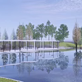 Modern Wavy Pergola with Glass Curtain Walls Over Water Wooden Platform and Water Reflections