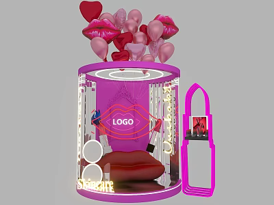 Pink Inflatable Cylindrical Structure with Red Lips Design Balloons and Sofa for Night Party 3d model
