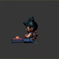 Cute Blue Haired Creature Character Sitting Holding Pink Box with Yellow Decoration in Cartoon Style