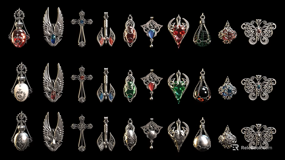 Vintage Silver Jewelry Pendants With Wing Cross Teardrop Shapes And Colorful Gemstones 3d model 