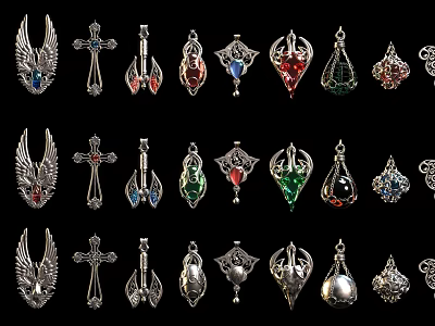 Vintage Silver Jewelry Pendants With Wing Cross Teardrop Shapes And Colorful Gemstones 3d model