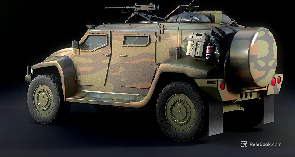 Camouflaged Armored Utility Vehicle With Roof Weapon Rack And Off-Road Tires 3d model 