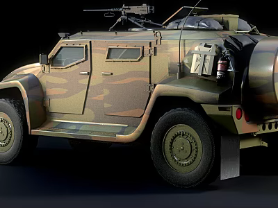Camouflaged Armored Utility Vehicle With Roof Weapon Rack And Off-Road Tires 3d model