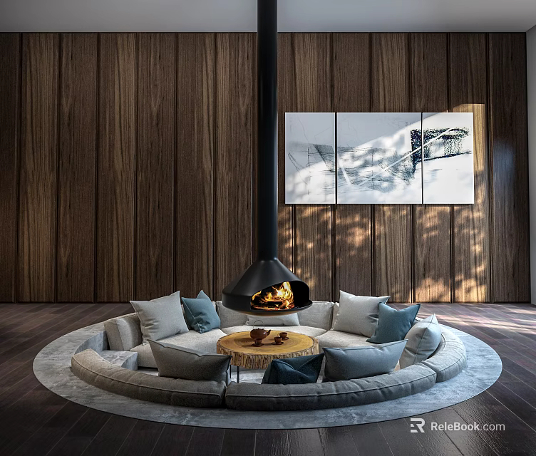 Modern Circular Sofa Coffee Table Set With Gray Blue Cushions Wooden Walls And Hanging Fireplace 3d model 