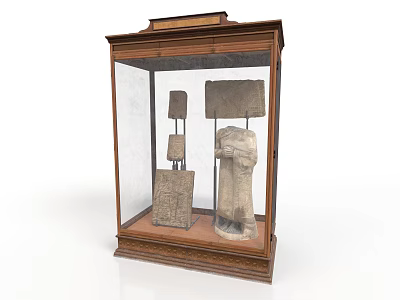 Ancient Stone Artifacts Showcased In Wooden Glass Display Cabinet With Carvings 3d model