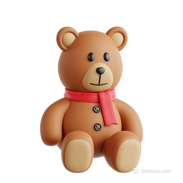 Decorative Ornament Set With Brown Teddy Bear Red Scarf And Black Buttons Sitting Pose 3d model 