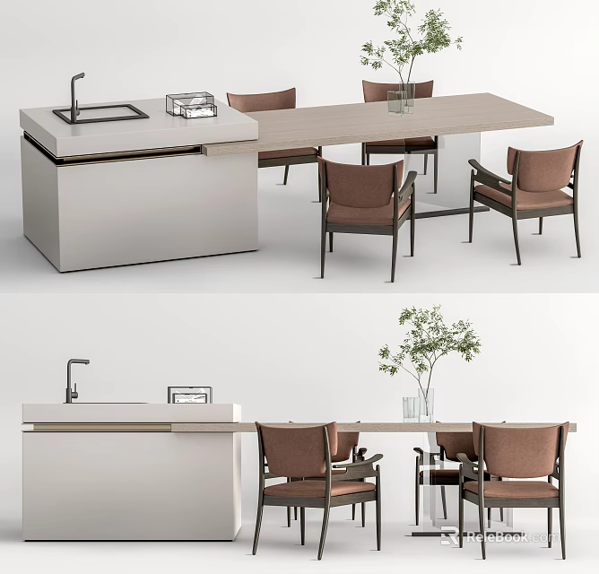 Modern Dining Table Set With Matching Chairs And Island Sink And Potted Plant 3d model 