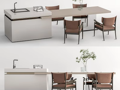 Modern Dining Table Set With Matching Chairs And Island Sink And Potted Plant 3d model