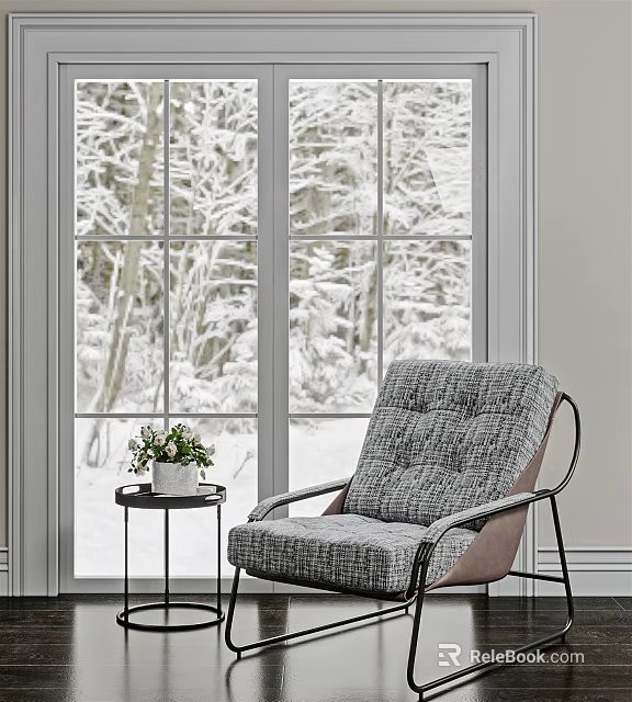 Plaid Fabric Single Sofa Chair With Metal Frame And Small Side Table By Snowy Window 3d model 
