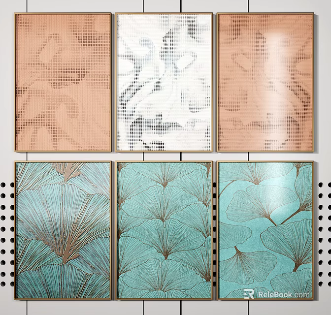 Stylish Wall Art Collection Featuring Brown White Pink Teal Leaf Patterns in Golden Frames 3d model