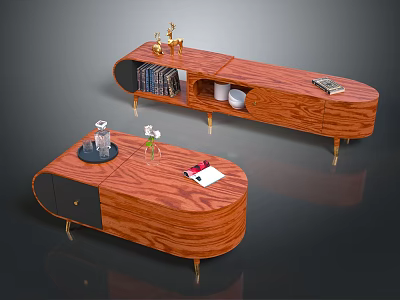 Contemporary Curved Wooden TV Stand With Gold Legs Storage Shelves Drawer And Decorative Items 3d model