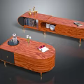Contemporary Curved Wooden TV Stand With Gold Legs Storage Shelves Drawer And Decorative Items