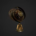 Vintage Wooden Circular Household Item With Decorative Gold Bell And Metal Accents