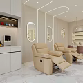 Stylish Modern Hair And Beauty Salon Interior With Pink Chairs Marble Countertops And Product Shelves