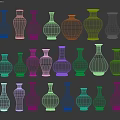 Ceramic Vases With Blue And White Patterns Red Floral Decorations Brown Glaze And Various Shapes