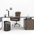 Modern Office Desk Setup With Ergonomic Chair Table Lamp And Decorative Stool