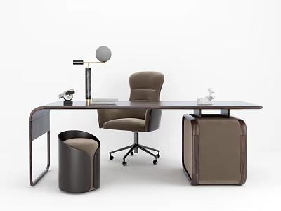Modern Office Desk Setup With Ergonomic Chair Table Lamp And Decorative Stool 3d model