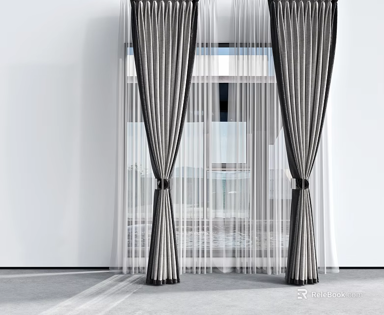 Modern Black And White Striped Curtains With Sheer Layer For Window Design 3d model 