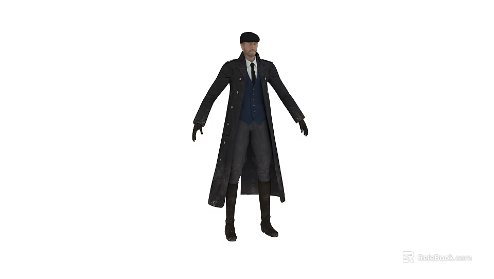 Man Dressed in Formal Long Coat Vest Tie and Hat with Trousers and Boots 3d model 