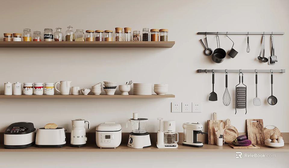 Organized Kitchen With Shelves Jars Cups Bowls Hanging Utensils And Appliances 3d model 