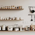 Organized Kitchen With Shelves Jars Cups Bowls Hanging Utensils And Appliances