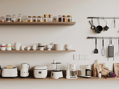 Organized Kitchen With Shelves Jars Cups Bowls Hanging Utensils And Appliances 3d model