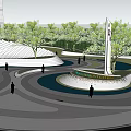 Beautiful Park Landscape Design With Curved Walkways Green Trees And Central Monument