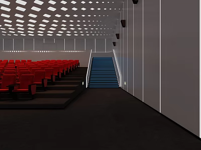 Modern Cinema Interior Featuring Red Seats Blue Staircase Ceiling Lights Gray Walls And Dark Carpet 3d model