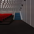 Modern Cinema Interior Featuring Red Seats Blue Staircase Ceiling Lights Gray Walls And Dark Carpet